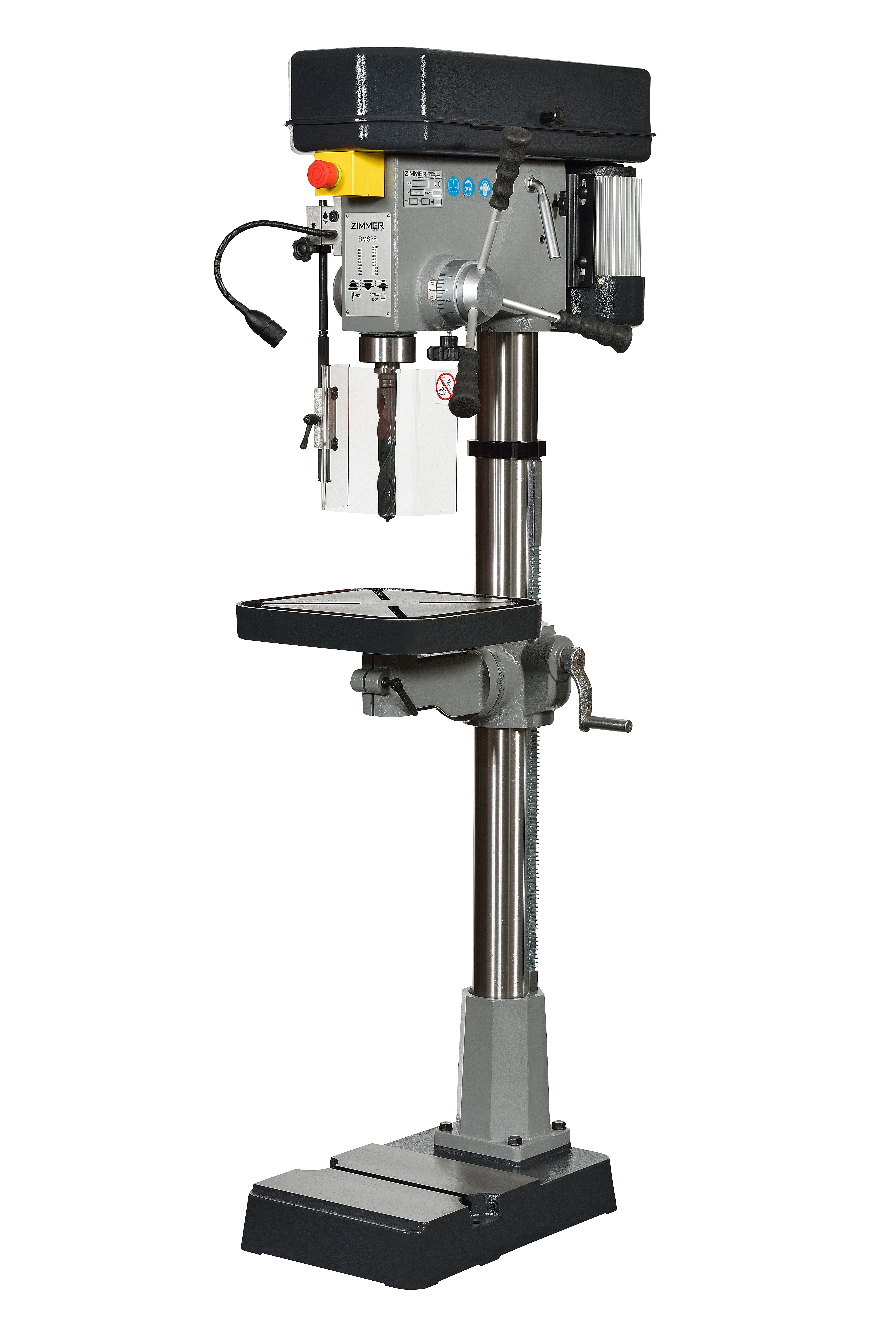 ZIMMER BMS25 - Säulenbohrmaschine - Bohrleistung 25mm - Spindelaufnahme MK3 - Spindelhub 125mm - Spindeldrehzahl 220-1680 1/min über 9 Stufen - Gewicht: 144 Kg - Motorleistung 0,75 kW - Stromanschluß 16A - 400V ZIMMER BMS25 - Säulenbohrmaschine - Bohrleistung 25mm - Spindelaufnahme MK3 - Spindelhub 125mm - Spindeldrehzahl 220-1680 1/min über 9 Stufen - Gewicht: 144 Kg - Motorleistung 0,75 kW - Stromanschluß 16A - 400V