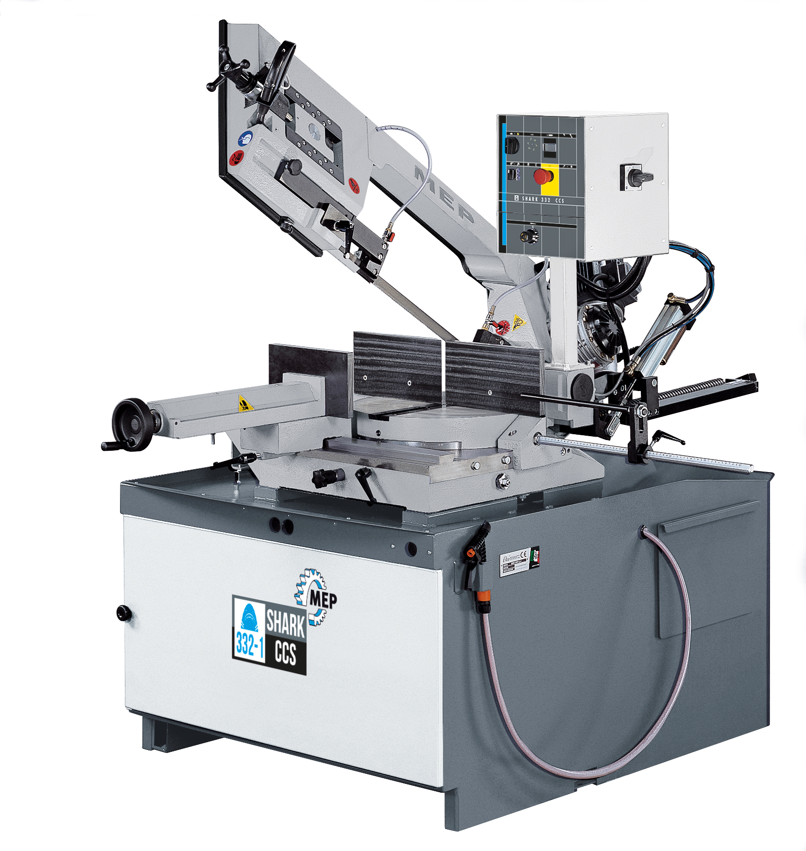 Bandsägemaschine SHARK 332-1 CCS (automatische Sägebogenabsenkung) für Gehrungsschnitte 45 Grad rechts bis 60 Grad links Bandsägemaschine SHARK 332-1 CCS (automatische Sägebogenabsenkung) für Gehrungsschnitte 45 Grad rechts bis 60 Grad links