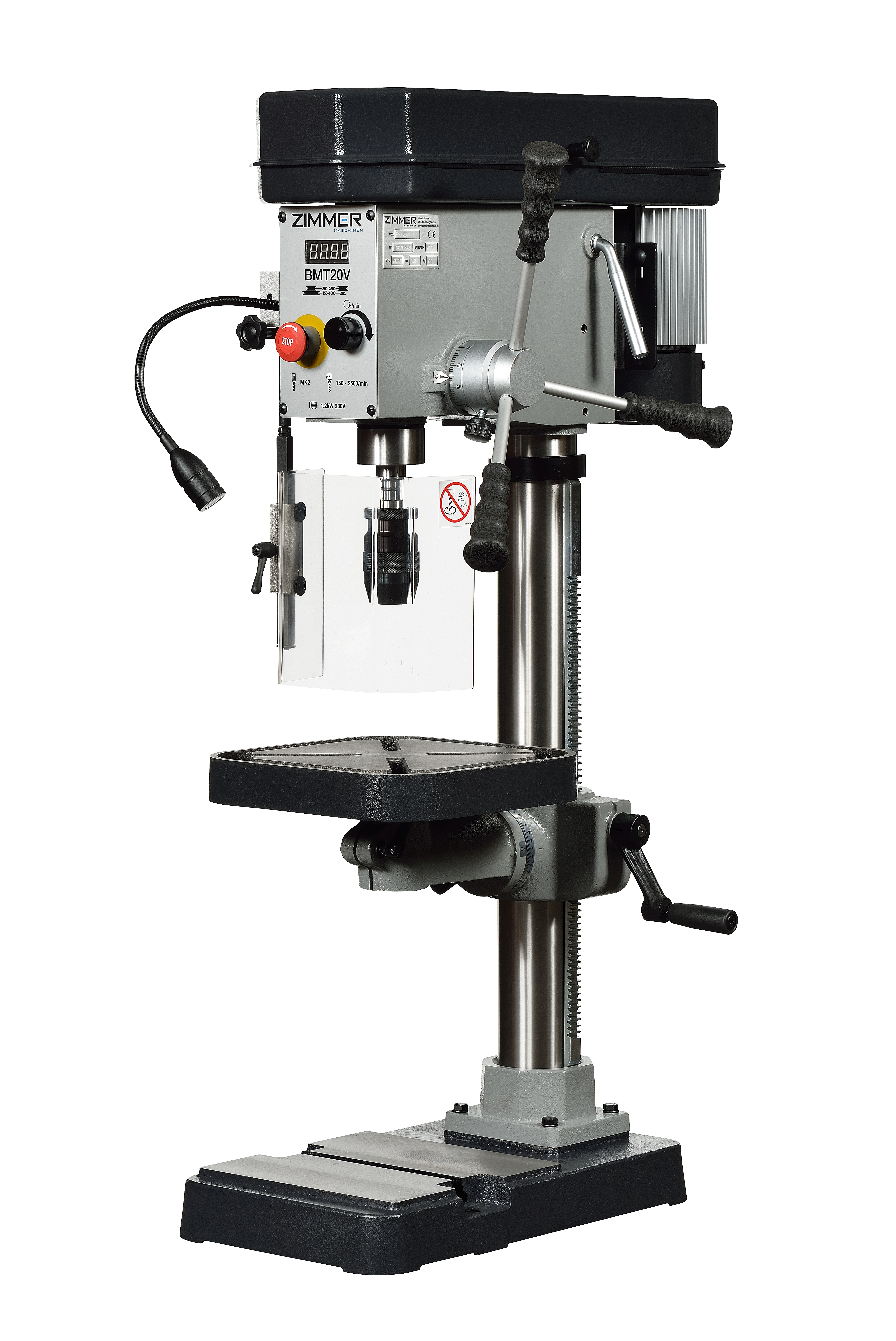 ZIMMER BMT20V - Tischbohrmaschine - Bohrleistung 20mm - Spindelaufnahme MK2 - Spindelhub 80mm - Spindeldrehzahl stufenlos 150-2500 1/min - Gewicht: 80 Kg - Stromanschluß 230V - inkl. LED Lampe ZIMMER BMT20V - Tischbohrmaschine - Bohrleistung 20mm - Spindelaufnahme MK2 - Spindelhub 80mm - Spindeldrehzahl stufenlos 150-2500 1/min - Gewicht: 80 Kg - Stromanschluß 230V - inkl. LED Lampe